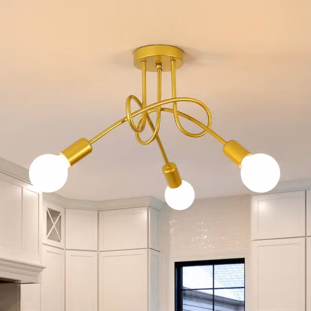 Pheashine Gold 3-Light Semi Flush Ceiling Light with E27 Metal and Glass Fittings – 1