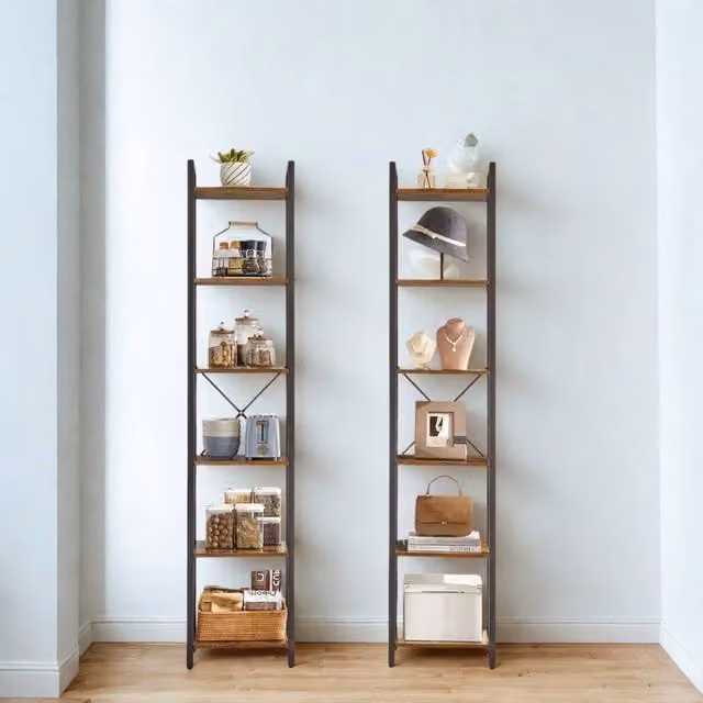 Pirlo Plush Industrial 6 Tier Tall Narrow Bookcase in Rustic Brown, W/D/H: 30 x 30 x 187.5 cm