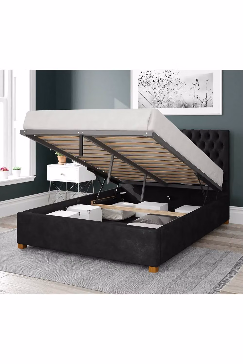Aspire Nightingale Upholstered Chesterfield Ottoman Storage Bed in Grey Fabric, W/D/H: 180 x 200 cm – 2