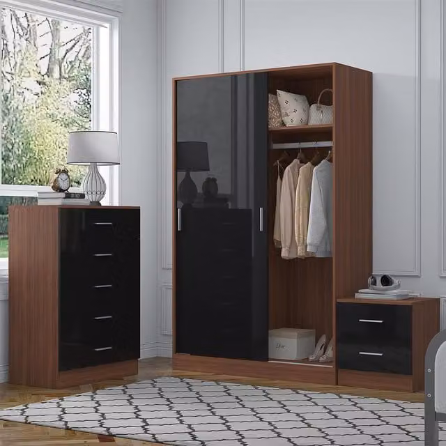 REFLECT Bedroom Furniture Bundle with Sliding Wardrobe, Tall Chest and Bedside Table in Black Gloss and Matt Walnut
