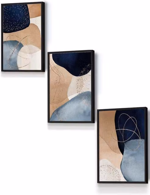 ARTZE Abstract Geometric Framed Wall Art in Blue, Beige, Gold and Black, W: 33 cm, H: 45 cm, D: 0.2 cm