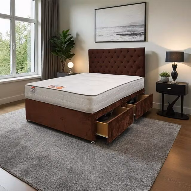 Knight Sleep Athens Plush Bed Set with Mattress and 24 inch Headboard in Brown, W/D/H: 180 x 200 cm