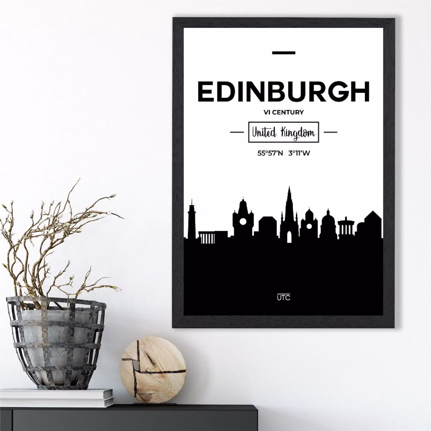 ARTZE Edinburgh Black and White City Skyline Framed Paper Poster in a Black Frame, A4 – 2