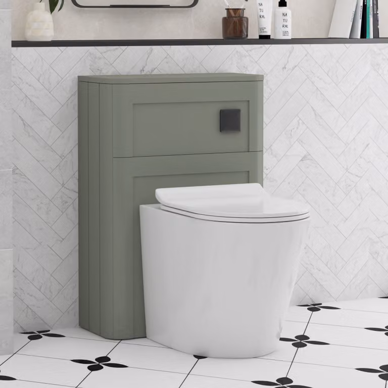 Royal Bathrooms Henley Wall Mounted Sage Green WC Unit with Cesar Rimless Ceramic Toilet Pan and Slim Soft Close Seat, Width: 55 cm