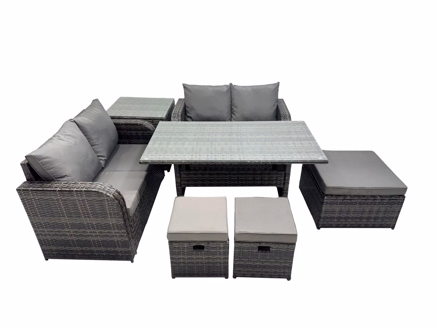 Fimous Outdoor Furniture Dining Set with Love Sofa, Table and 3 Stools in Dark Grey – 2