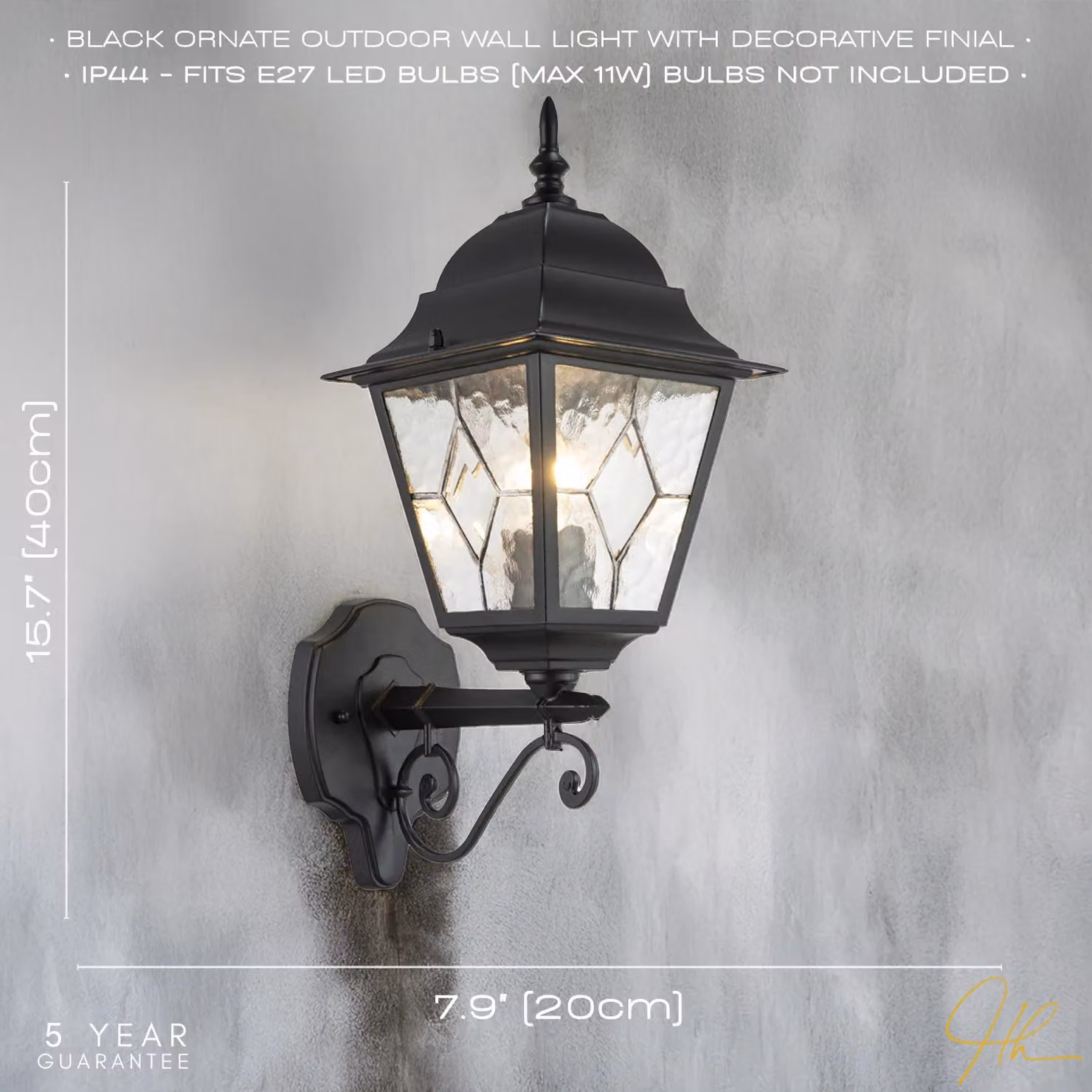 Happy Homewares Traditional Cast Aluminium Outdoor Lantern Wall Light with Cathedral Glass, Black, H 40.0 cm x W 26.0 cm x D 26.0 cm – 4