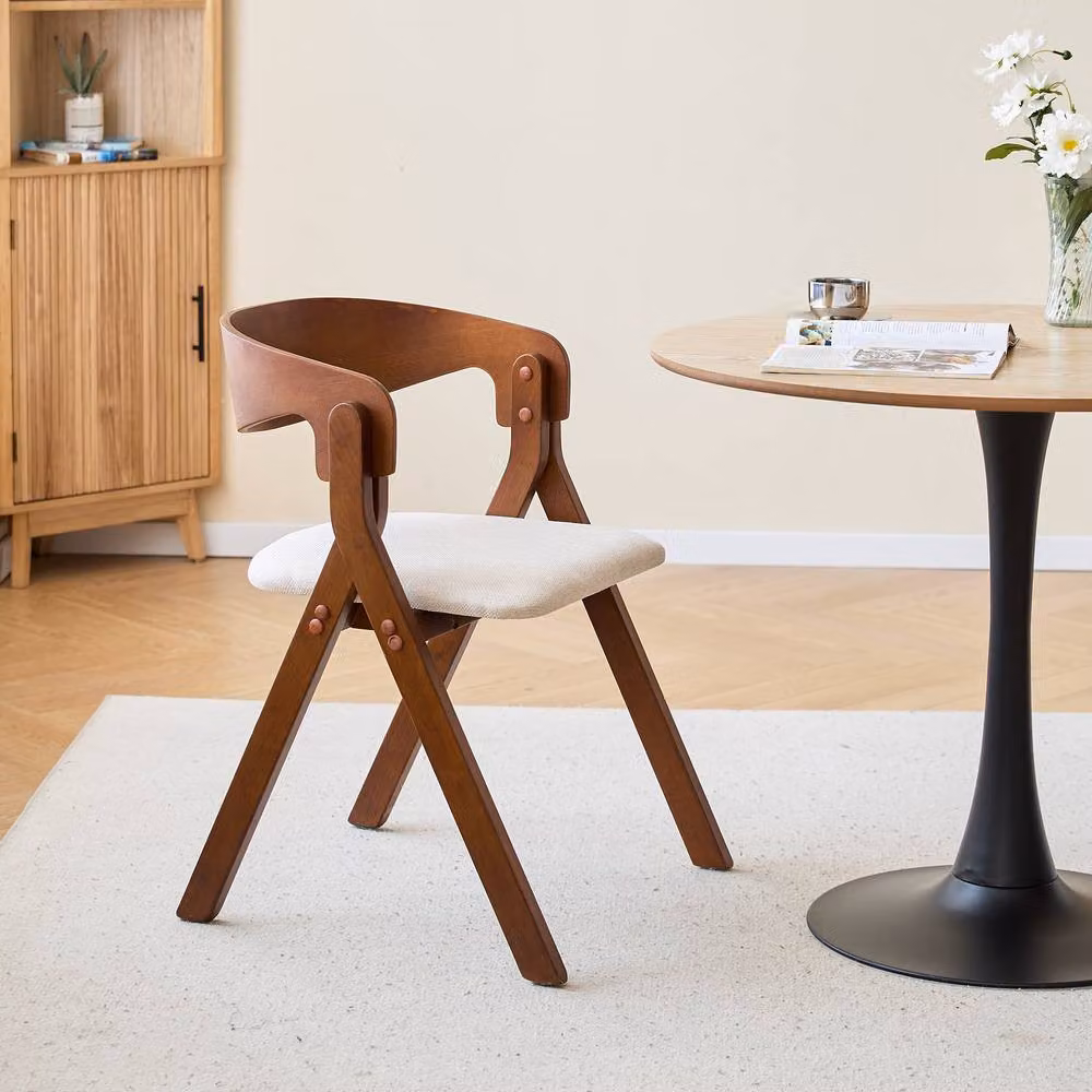 Nordlys Set of 2 Scandinavian Style Walnut Wood and Beige Fabric Dining Chairs with Armrests – 2