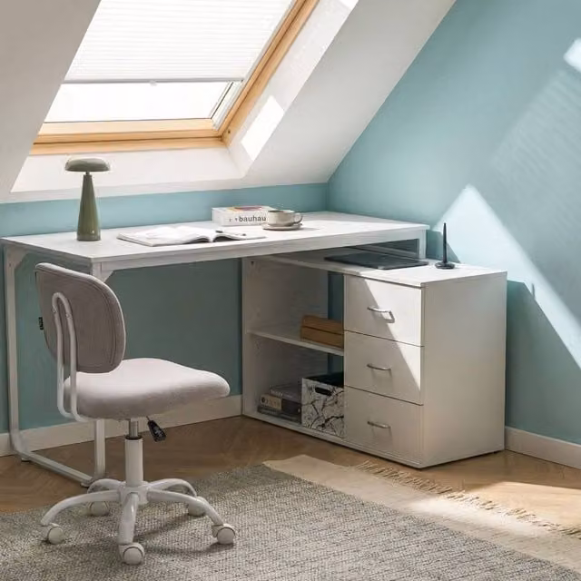 Wyld and Coco White Corner Desk with MDF Laminate Surface and Metal Legs – 1