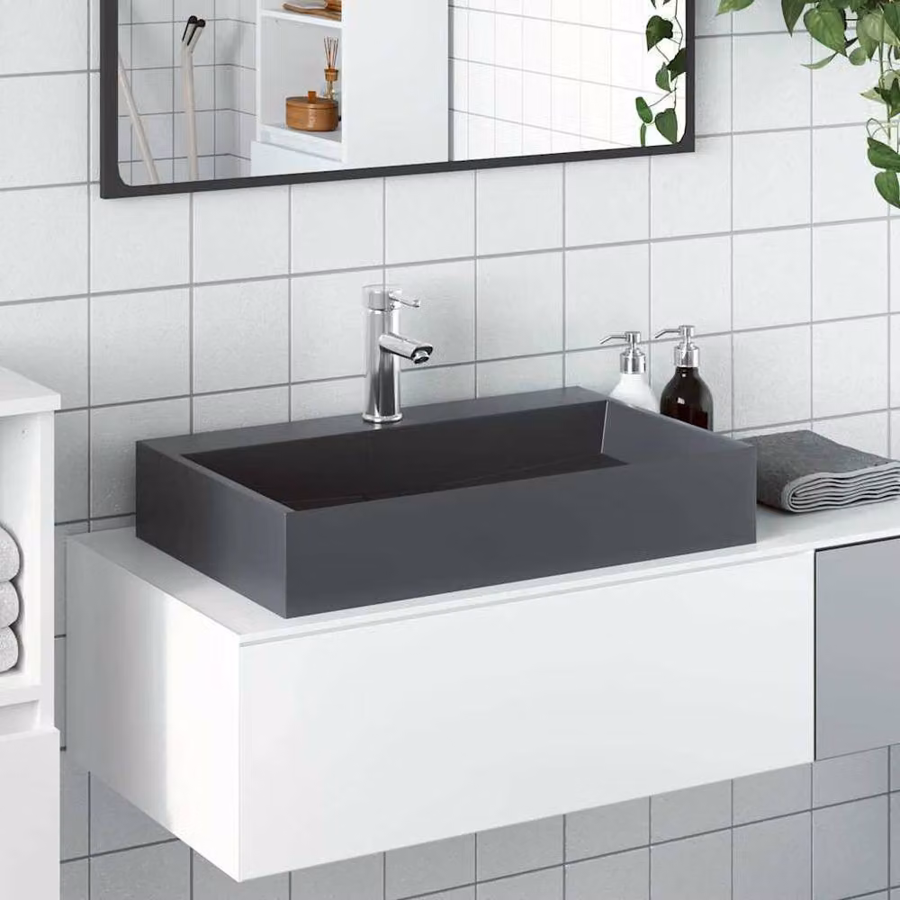 Berkfield Home Rectangular Mineral Cast Countertop Wash Basin in Anthracite Grey, W/D/H: 60 x 38 x 11 cm – 2