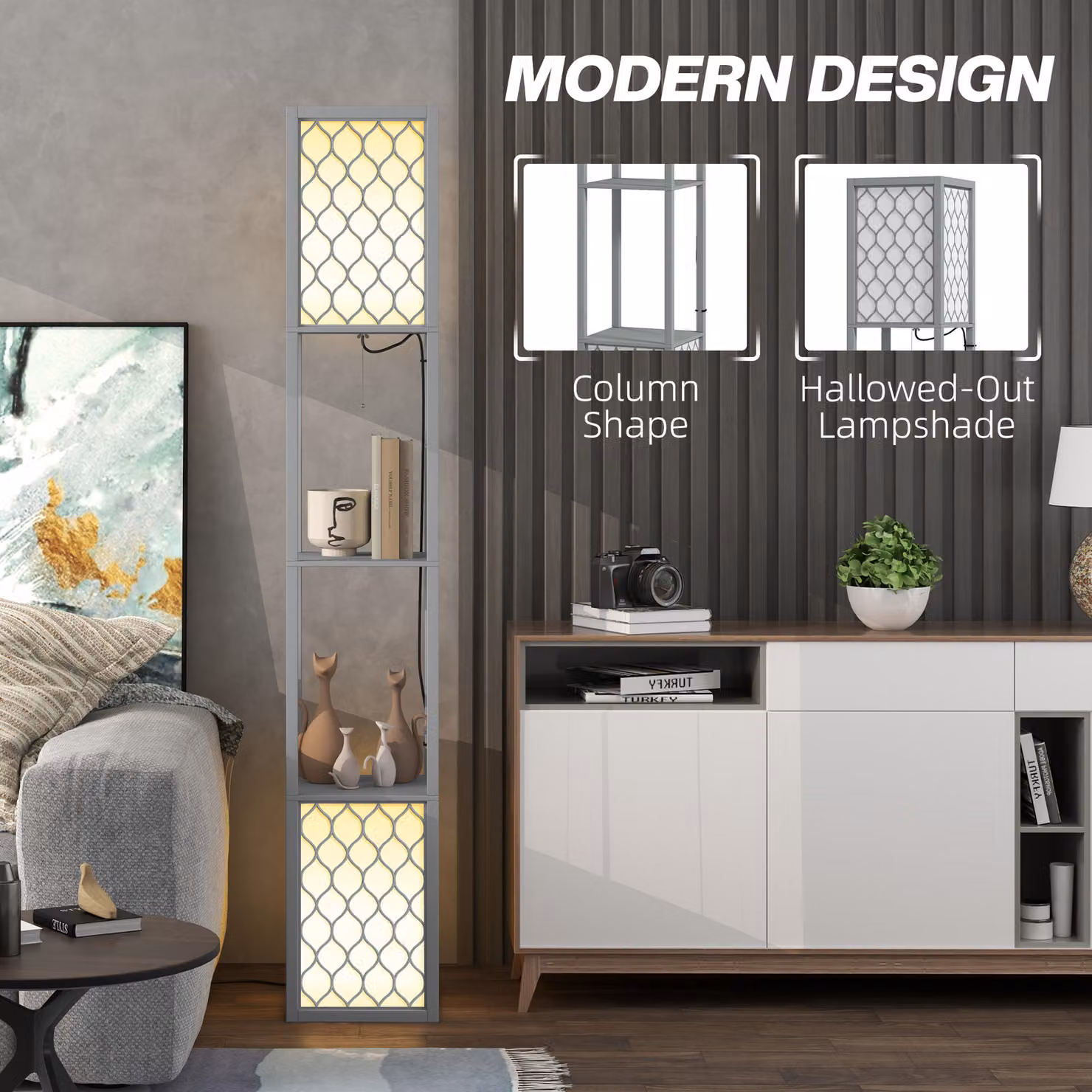 HOMCOM Modern Tall Floor Lamp with Shelves and Dual Light in Light Grey – 5
