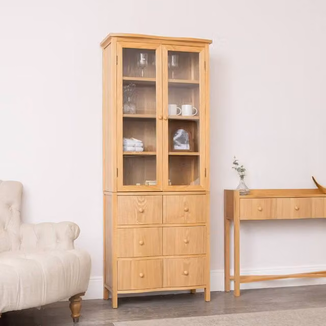 Melody Maison Brown Retro Freestanding Display Cabinet with Glass Doors and Internal Shelves