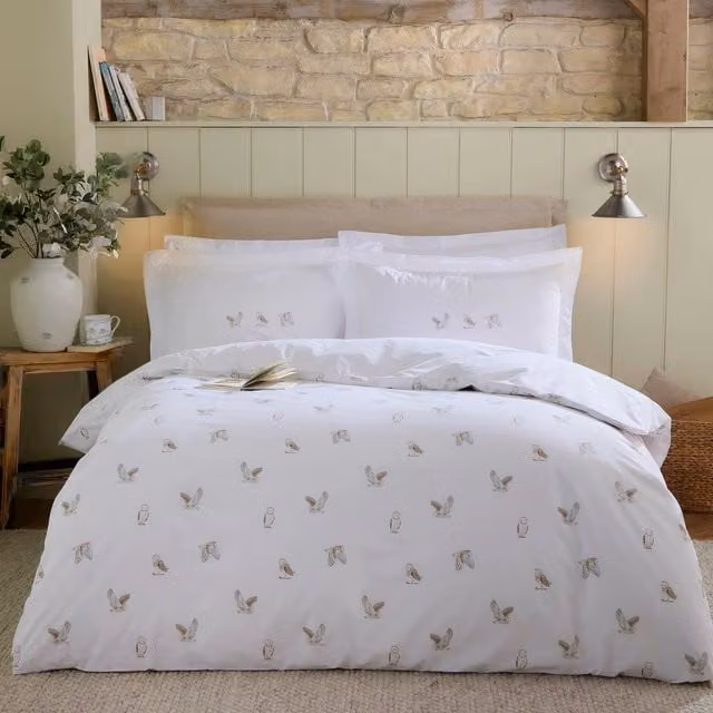 Sophie Allport Snowy Owls Reversible Cotton Duvet Cover and Pillowcase Set in White