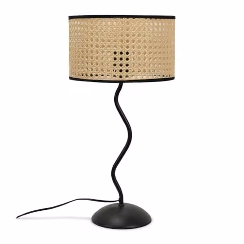 ValueLights Black Metal Wavy Table Lamp with Rattan Trim Shade and 4W Warm White LED Bulb – 1