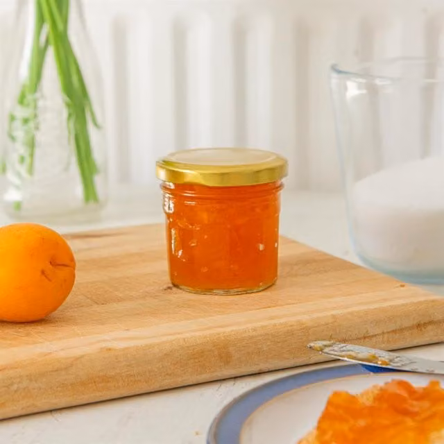 Argon Tableware Set of 6 Stackable and Leakproof Glass Jam Jars with Gold Metal Screw Lids, 90ml