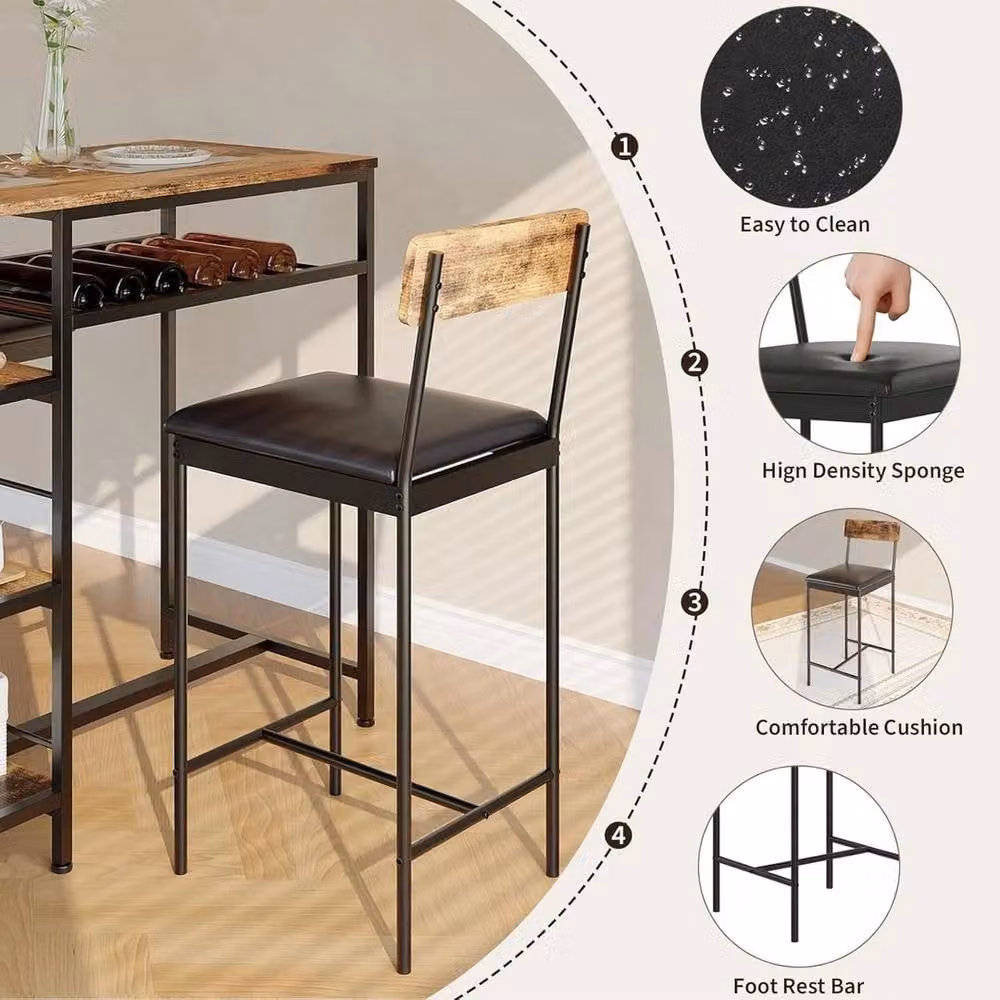 KORVIXA Modern Square Dining Table Set with 2 Upholstered Bar Stools, Brown, W/D/H: 100 x 100 x 100 cm – 4