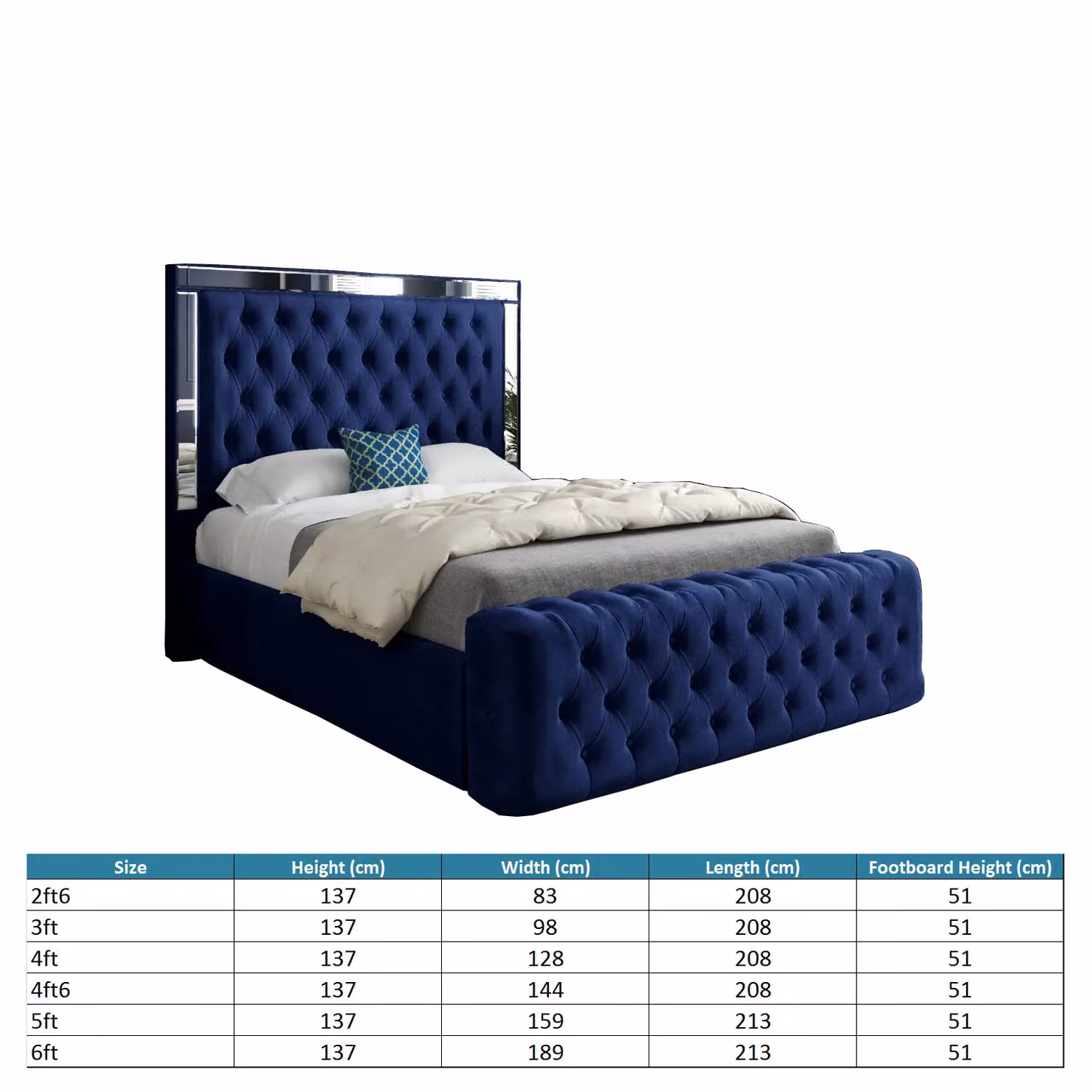 Casani Marino Mirror Upholstered Velvet Bed Frame in Blue and Silver, W/D/H: 140 x 200 cm – 4