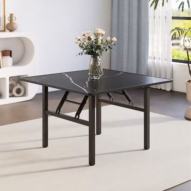 Komore Black Foldable Coffee Table with Abstract Marble Effect and Glossy MDF Laminate Top
