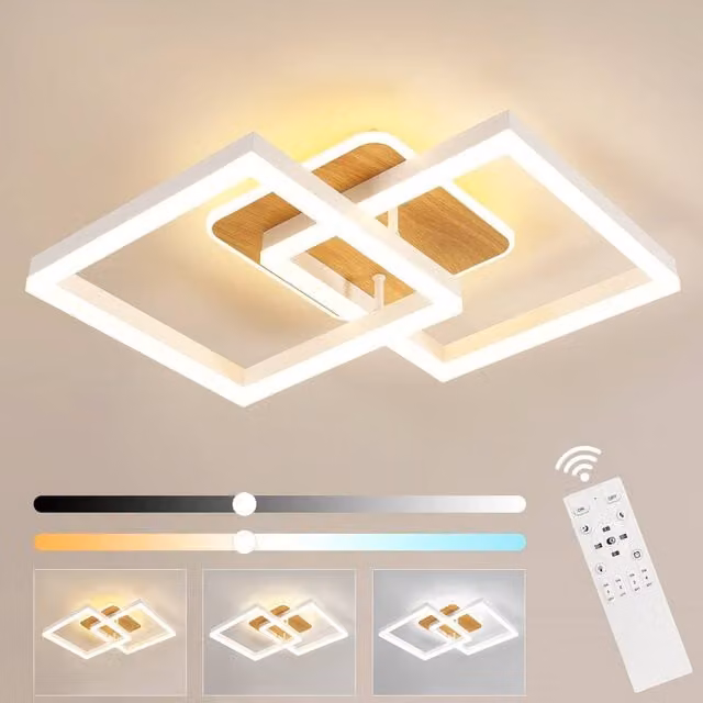 Pheashine White and Wood Grain Square LED Ceiling Lamp, 40W Dimmable with Remote Control