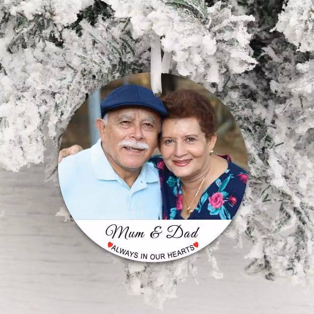 Uniqueful Personalised Always In Our Heart Photo Decoration for Parents, White Round Tabletop Condolence Ornament