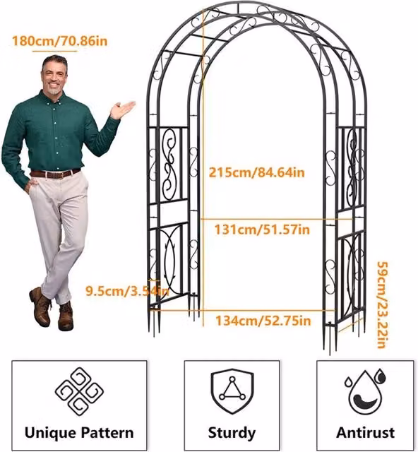 NESTLUNE Shabby Chic Metal Garden Arch Pergola in Black, W/D/H: 100 x 15 x 213.36 cm