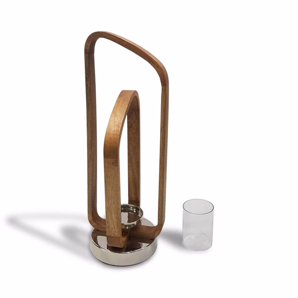 Elm Home And Garden Geometric Wood and Metal Pillar Candle Holder Lantern in Brown and Silver, H: 52.0 cm, W: 18.0 cm, D: 19.0 cm – 2