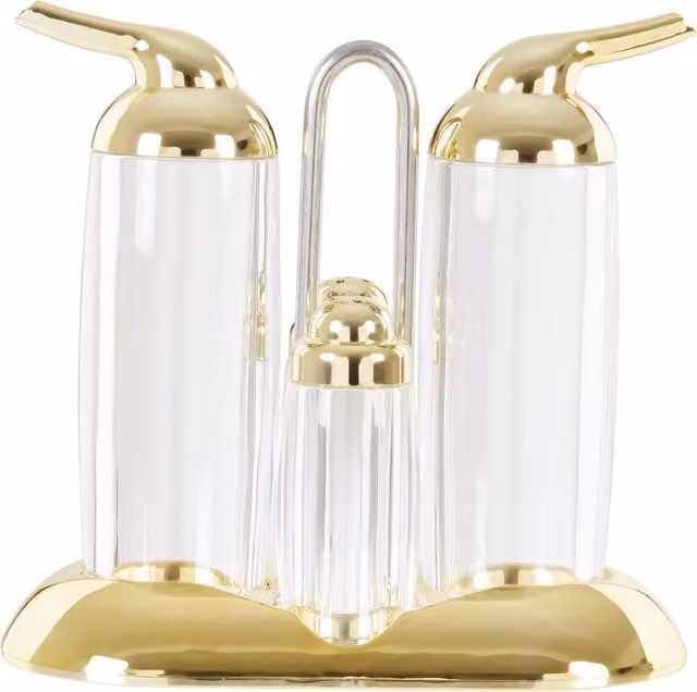 Orsina 4-Piece Refillable Glass Condiment Set with Transparent and Silver Base Tray and Gold Accents