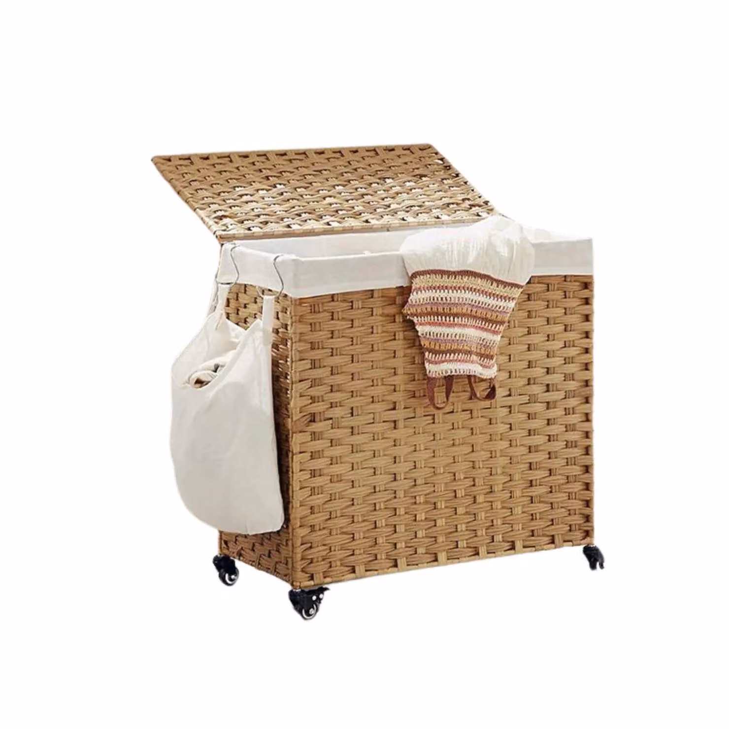 FURNOS 3 Compartment Laundry Basket with Removable Bags and Wheels in Beige, W/D/H: 120 x 60 x 66 cm – 2