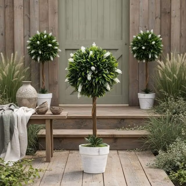 Wyld Haus Fano Neri Set of 2 White Artificial Floral Ball Trees with Pots, Height: 60 cm