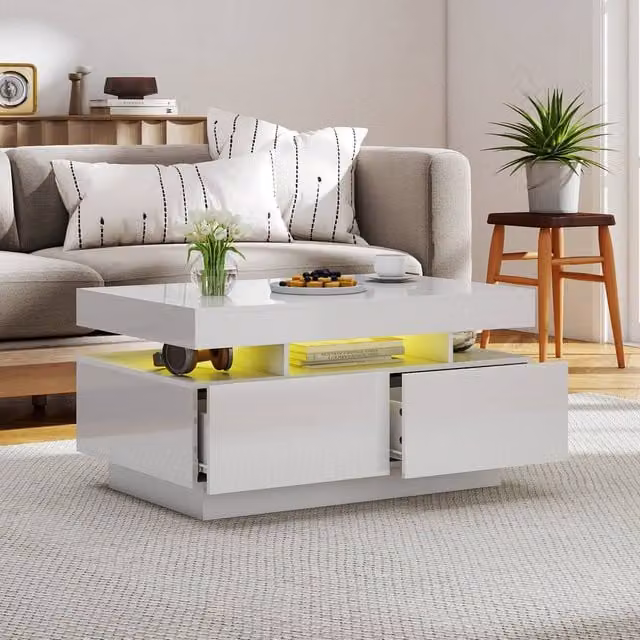 KEEPREAPER Modern Glossy White Coffee Table with 4 Drawers and LED Lights, W/D/H: 85 x 55 x 44 cm – 1