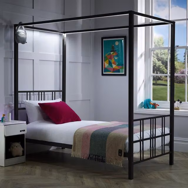 XR Living X Rocker Fern Four Poster Metal Bed Frame with LED Lighting and Canopy Frame in Black, Size: 140 x 200 cm