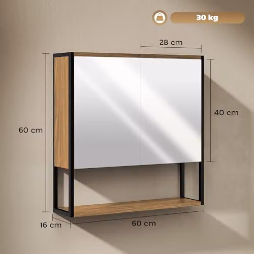 HOMCOM Modern Wall Mounted Bathroom Mirror Cabinet with Soft Close Hinged Doors and Internal Shelves, Brown, W: 60 cm, H: 60 cm, D: 16 cm – 6