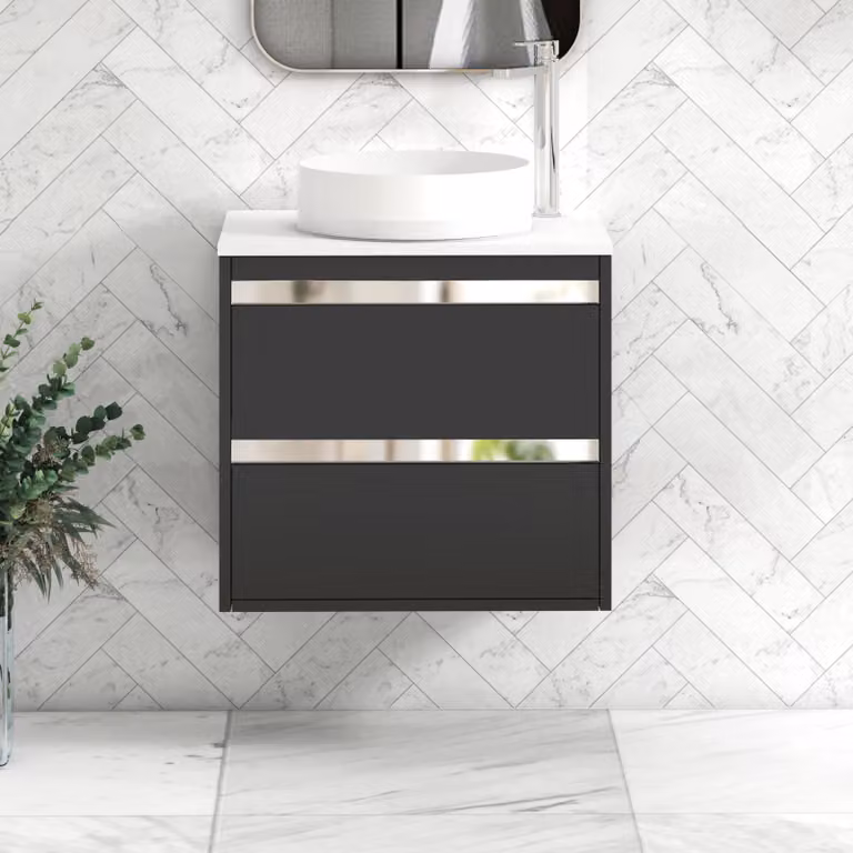 Royal Bathrooms Orion 600mm Wall Hung Vanity Unit with 2 Drawers, Matt Obsidian Black and White Countertop, and Art Basin with Chrome Accent Trim