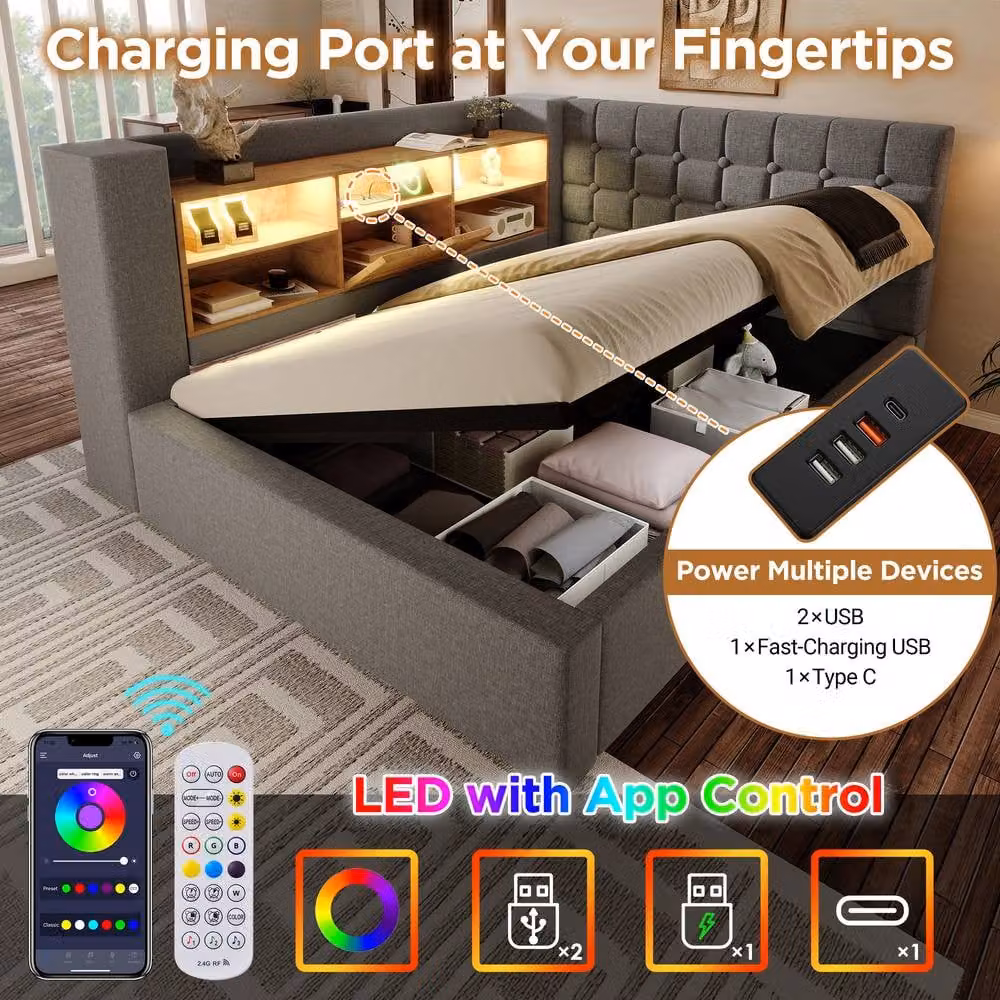 Merax Grey Upholstered Single Storage Daybed with LED, USB Charging Port and Bedside Shelf, W/D/H: 90 x 190 x 86 cm – 5