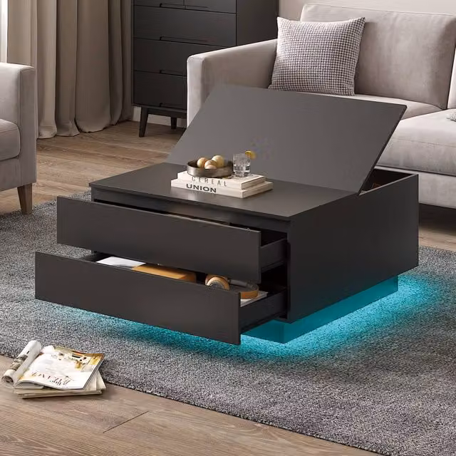 KEEPREAPER Modern Square Coffee Table with Storage and LED Light in Black