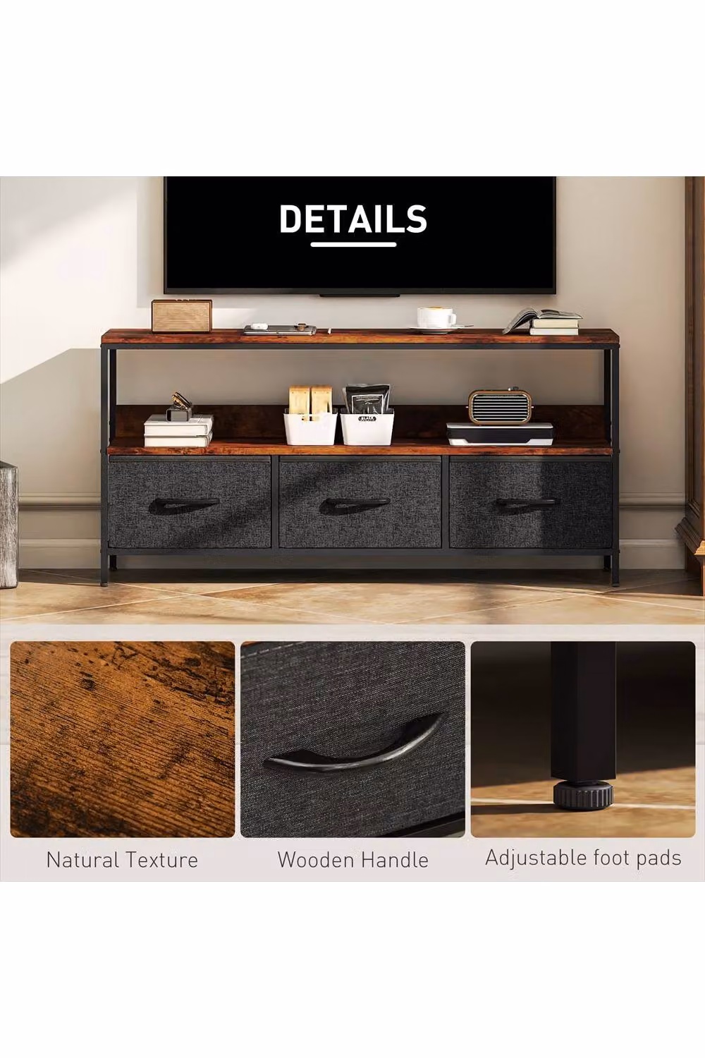 ERGOVEXA Industrial TV Stand Cabinet with 3 Foldable Drawers, Brown, W: 120.0 cm, D: 29.0 cm, H: 56.0 cm – 3