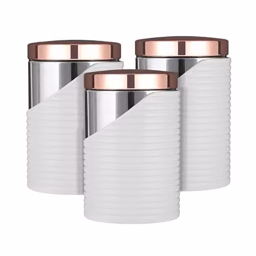 Tower Linear Set of 3 Geometric Airtight Canisters with Polished Stainless Steel Lids, White and Gold, W/D/H: 11.6 x 11.6 x 17 cm