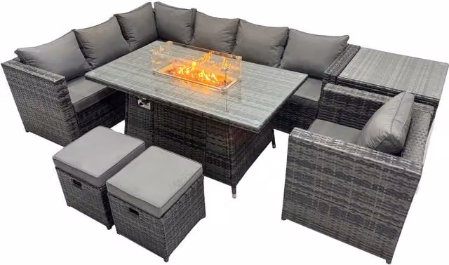 Fimous 9-Seater Rattan Garden Furniture Set with Gas Firepit in Dark Grey Mixed