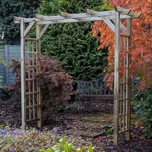 Forest Garden Classic Flat Top Arch Wooden Garden Support with Trellis Side Panels, Brown, H: 213 cm x W: 210 cm x D: 71.99 cm – 2