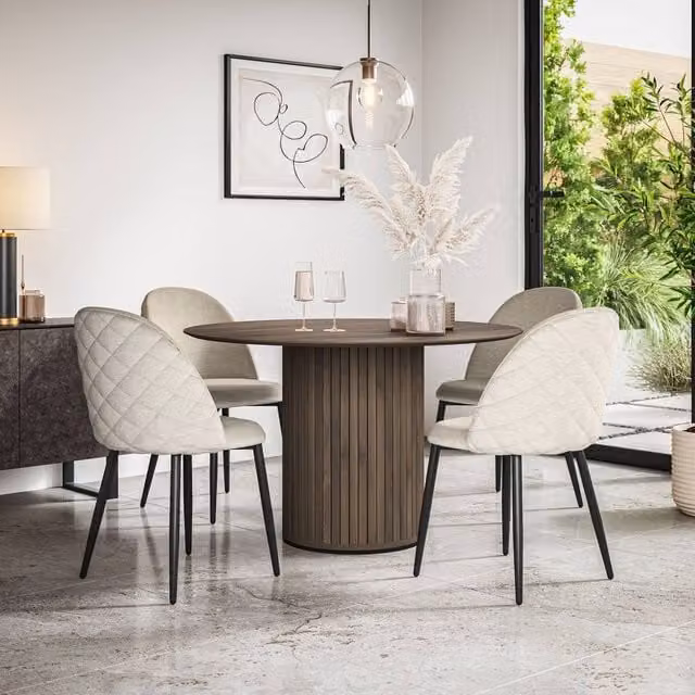 More4Homes Arlo Walnut Round Dining Table and 6 Raye Beige Velvet Dining Chairs Set