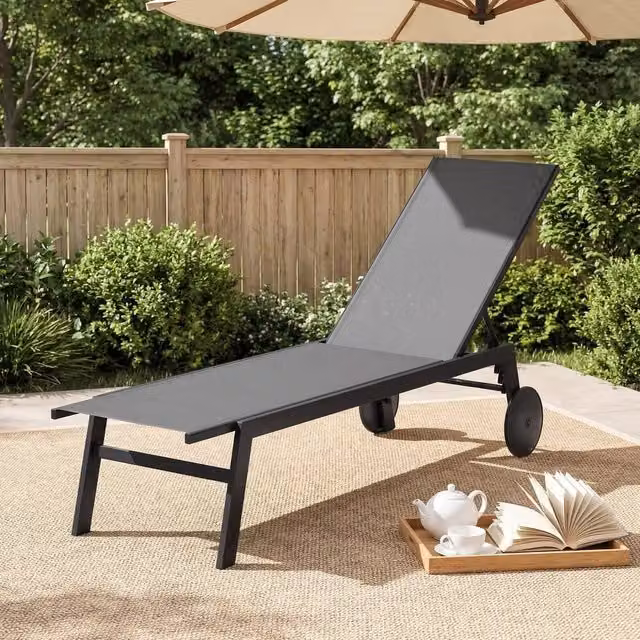 KORVIXA Grey Textilene Outside Sun Lounger Patio Chaise Lounge Chair with Adjustable Headrest and Castors – 1