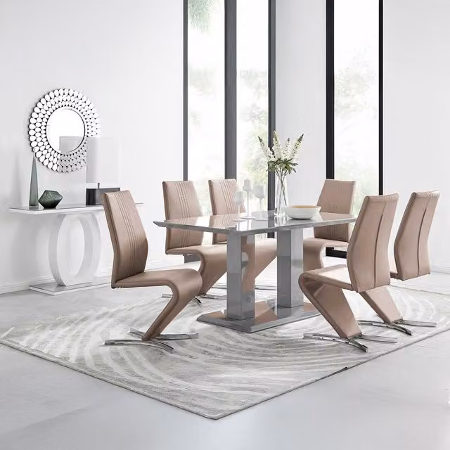 FurnitureboxUK Imperia Grey High Gloss Rectangular Glass Dining Table and 6 Beige Willow Chairs – 1