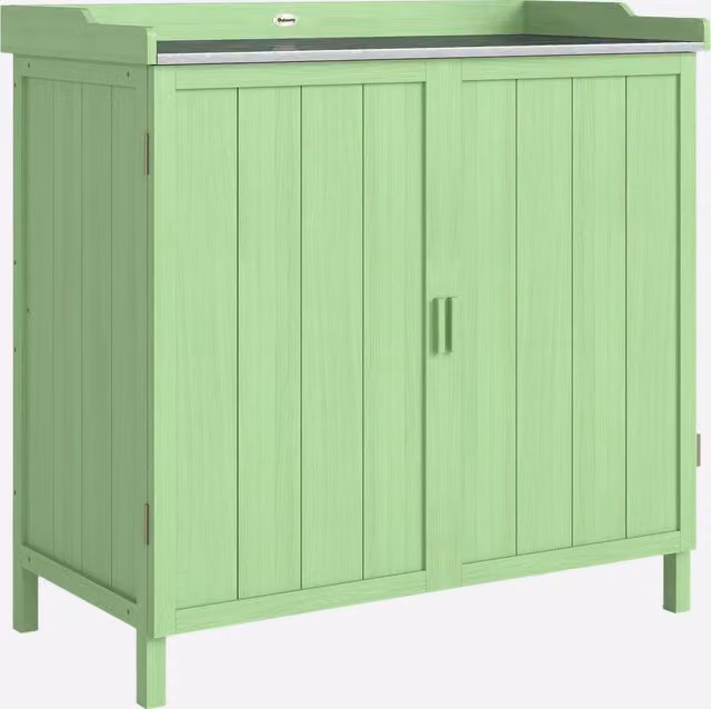 Outsunny Green Wood Garden Storage Cabinet and Potting Bench with Galvanised Steel Top and Internal Shelves