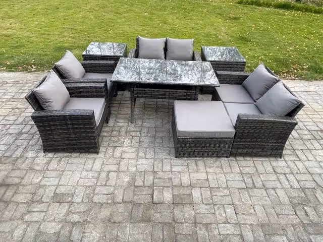 Fimous Rattan Garden Furniture Set with Oblong Dining Table, Double Seat Sofa and 2 Side Tables in Dark Grey