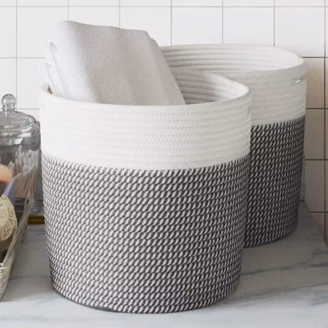 Berkfield Set of 2 Open Weave Cotton Storage Baskets in Grey and White, W/D/H: 28 x 28 x 28 cm