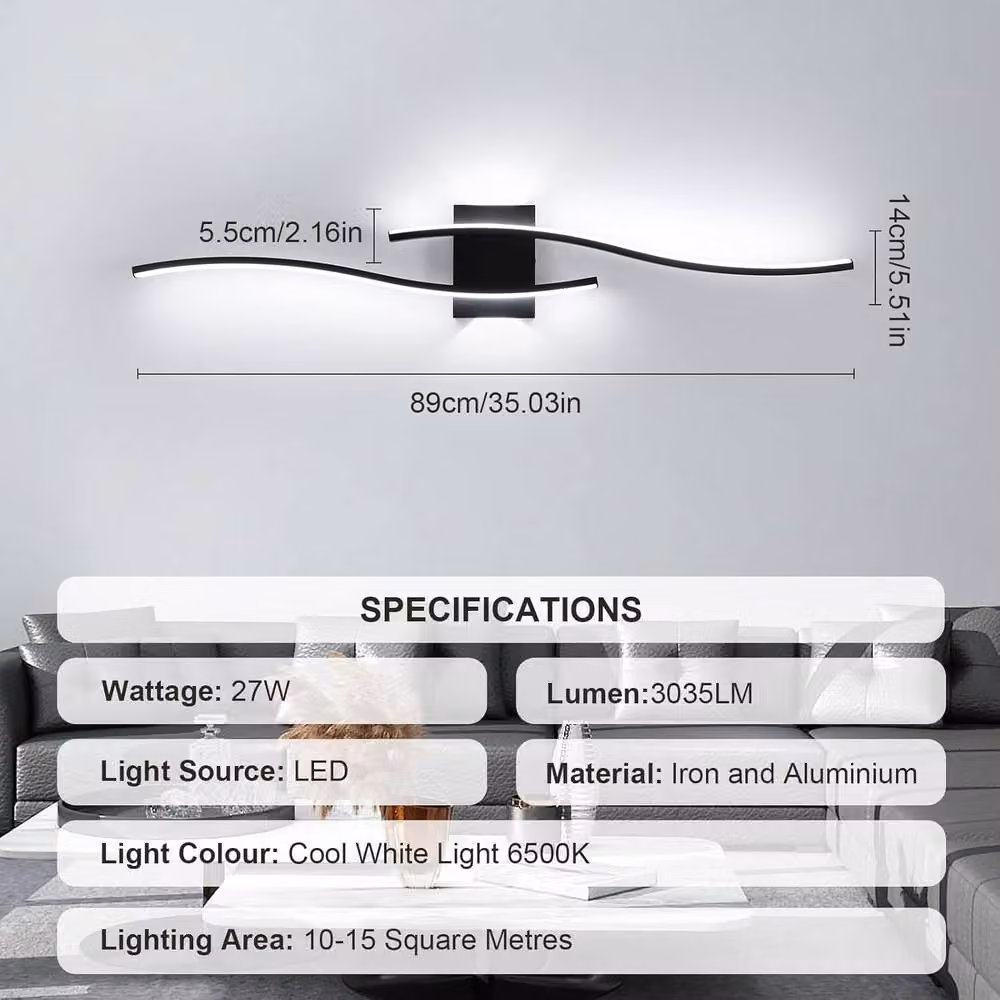 Goeco LED Wall Light, 27W, 6500K Cool White, Black, Length: 89 cm – 5