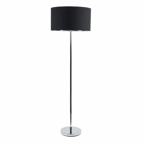 ValueLights Charlie Modern Chrome Stem Floor Lamp with Black Fabric Drum Shade and Warm White Bulb – 1