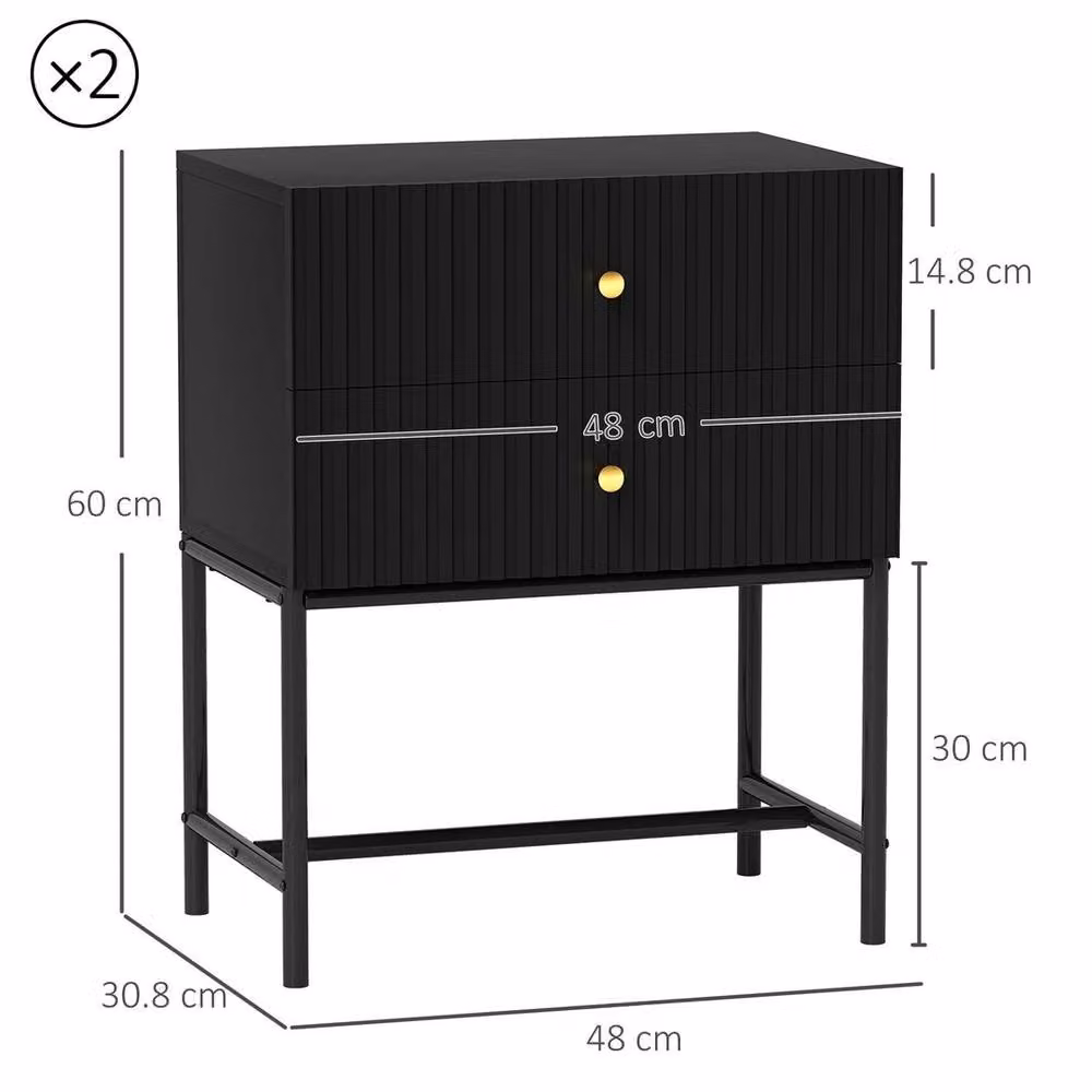 NESTLUNE Modern Bedside Table Set of 2 with 2 Drawers in Black and Gold – 2