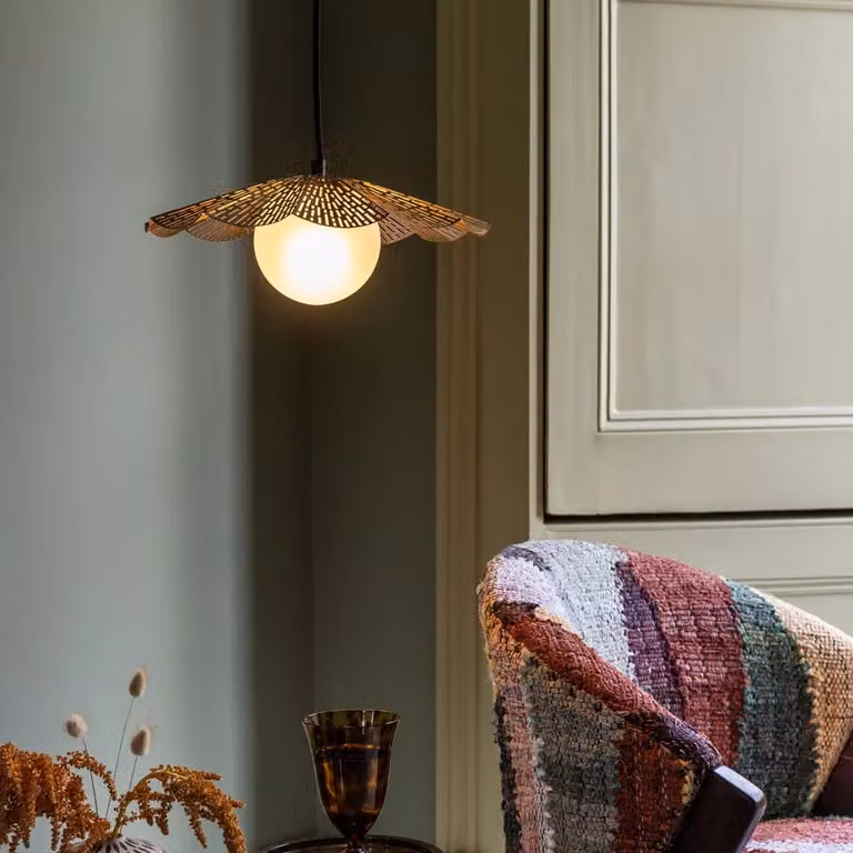 Atkin & Thyme Gaia Suspended Pendant Light in Gold/Brass and Brown with Glass and Rattan