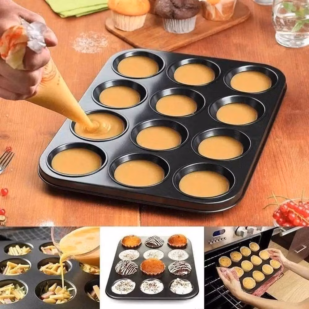 VOGREX 12 Cup Non-Stick Carbon Steel Muffin Tray, Grey – 4