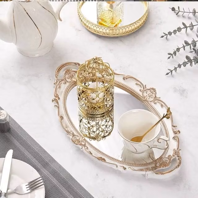 NESTLUNE Rectangular Mirror Plastic and Ceramic Cake Stand and Tray in Gold and Multicolour, W: 15 cm, D: 15 cm, H: 15 cm
